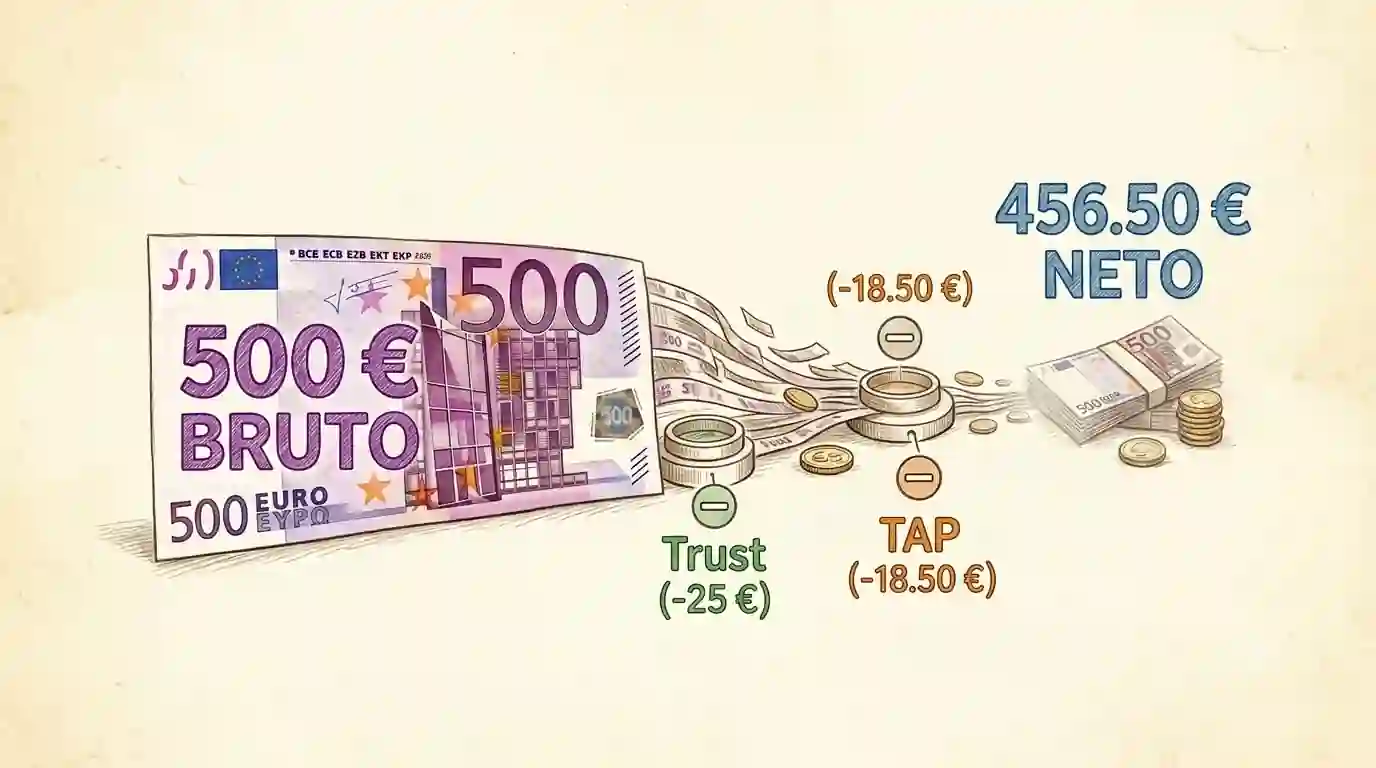 Një ilustrim grafik i një rishikimi të pagës bruto dhe neto me simbole të Kosovës