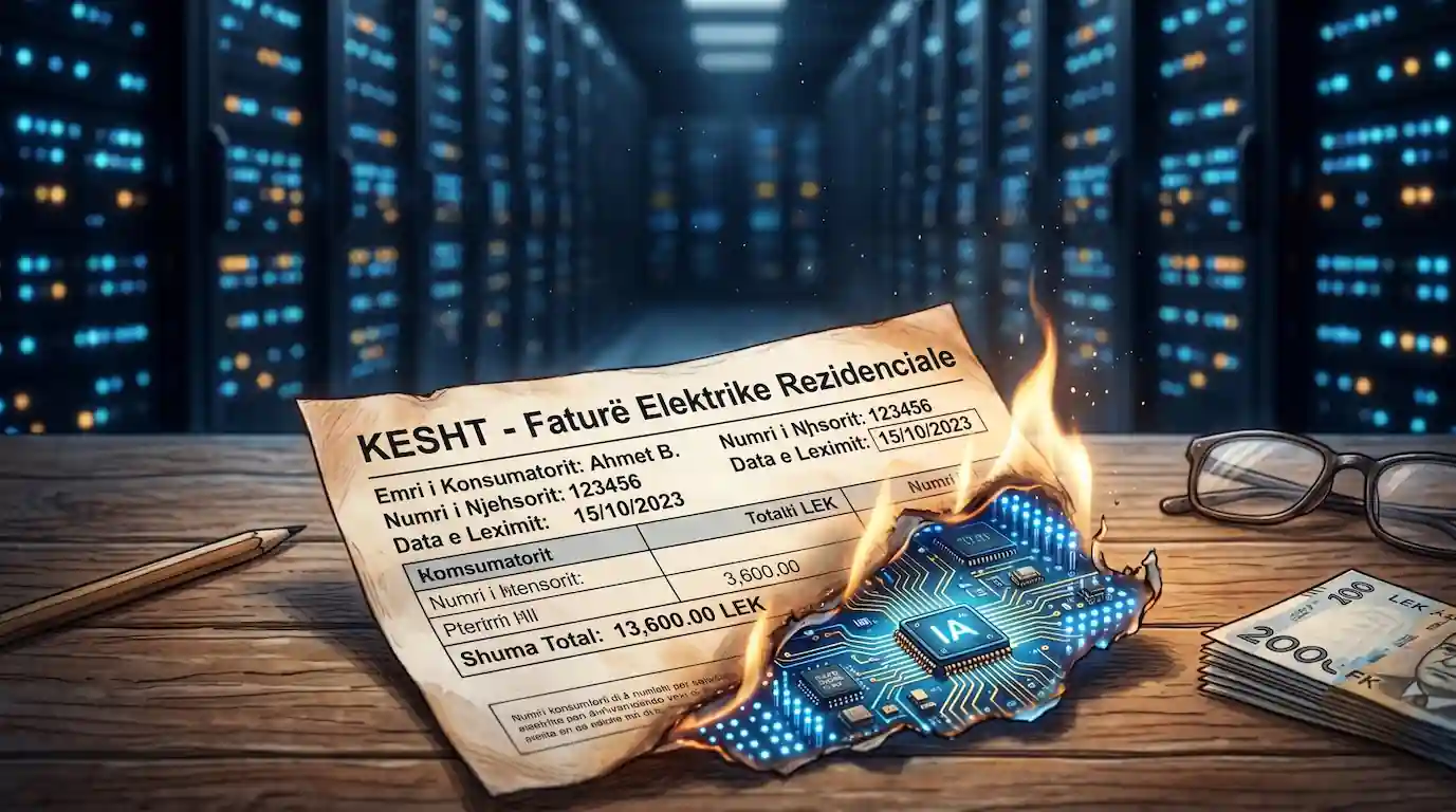 Një faturë rryme elektrike që digjet ngadalë nga qarqet e ndritshme të një çipi të Inteligjencës Artificiale
