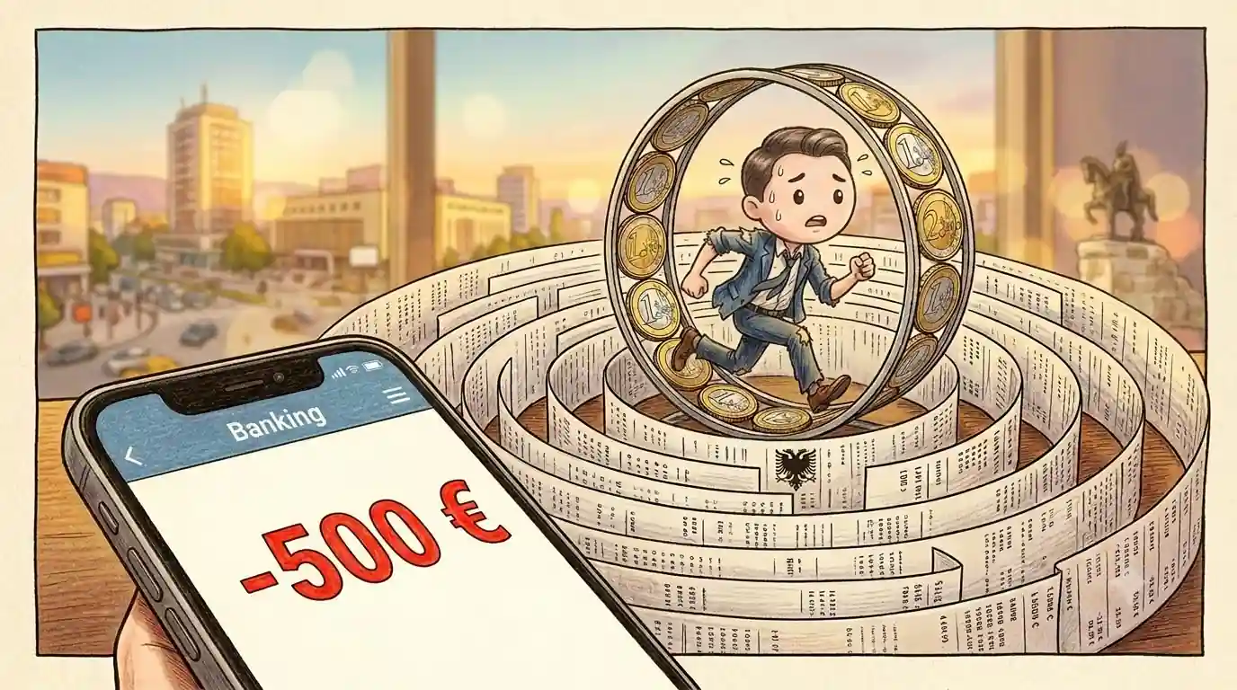 Një karikaturë satirike ku një qytetar vrapon mbi një shirit vrapimi bankar për të kapur kartëmonedha euro