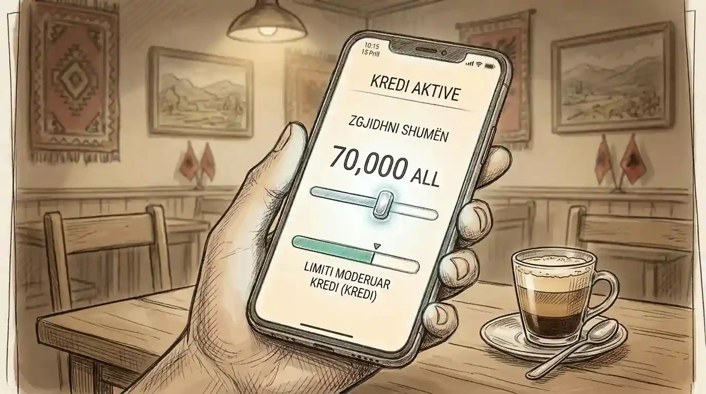 Një i ri në Tiranë duke parë aplikacionin bankar në telefon teksa pi një makiato