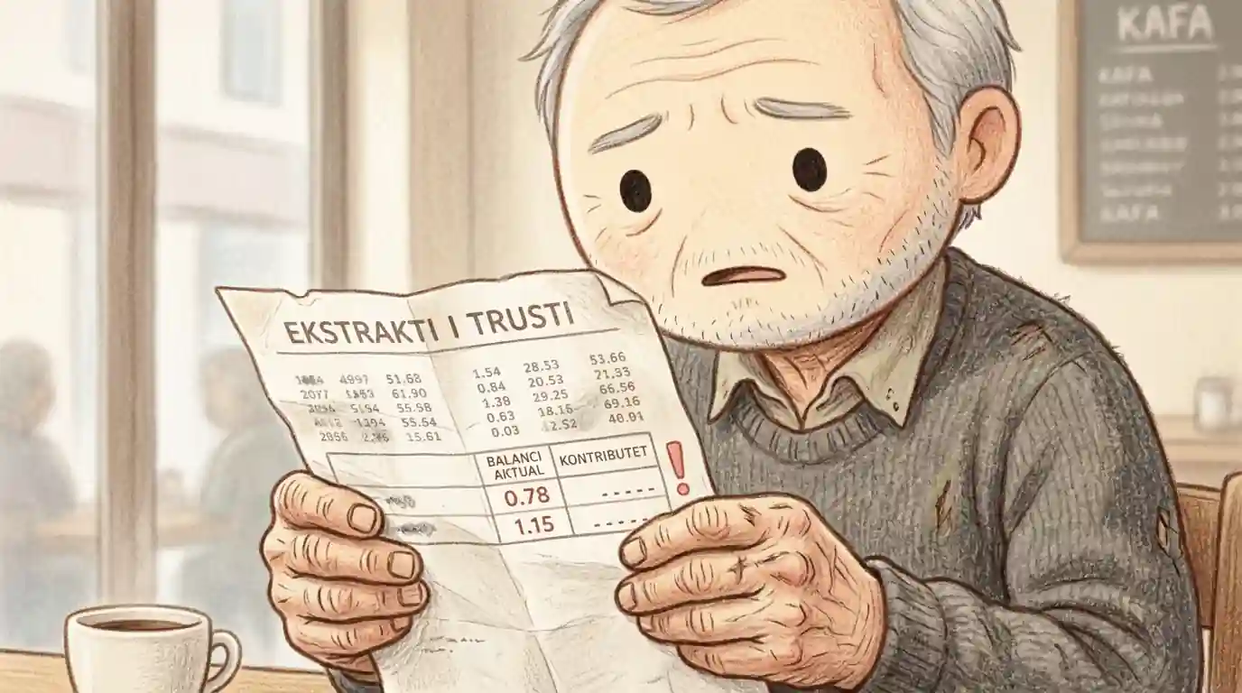 Një pamje e rrokaqiejve të Lakrishtës në Prishtinë e gërshetuar me duart e vjetra të një pensionisti që mban një dokument të Trustit