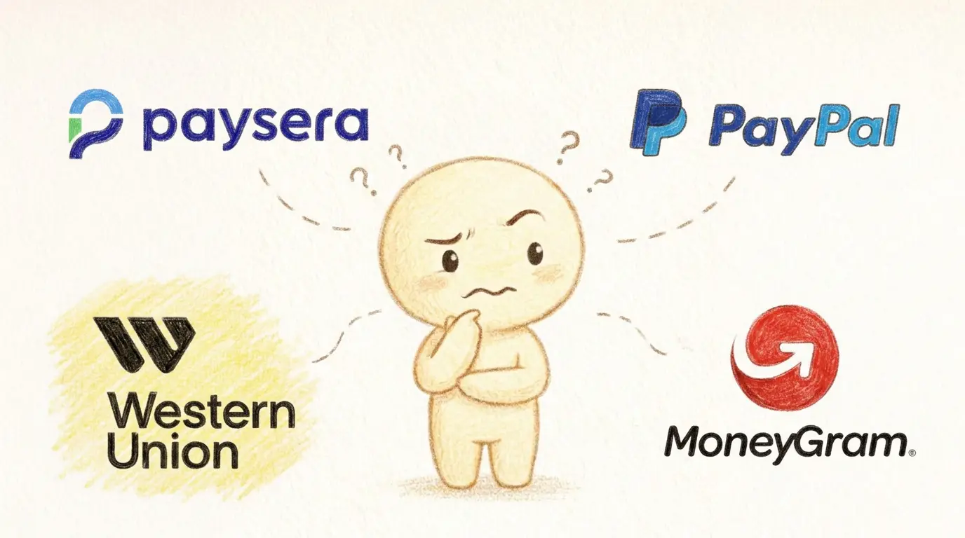 Një karakter që mendohet përpara opsioneve të ndryshme të dërgimit të parave si Western Union, Wise dhe Paysend