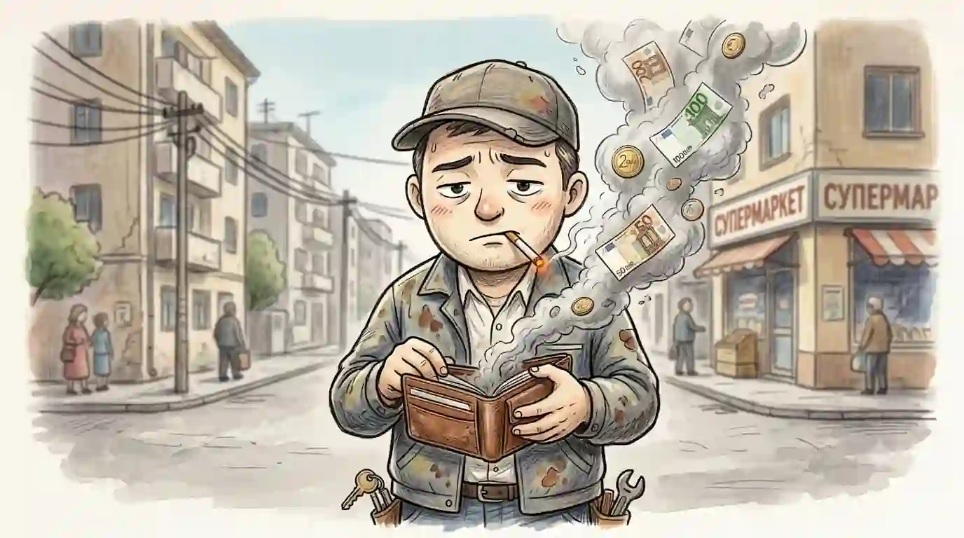 Një karikaturë satirike ku paratë dhe monedhat kthehen në tym duhani mbi një portofol të zbrazët
