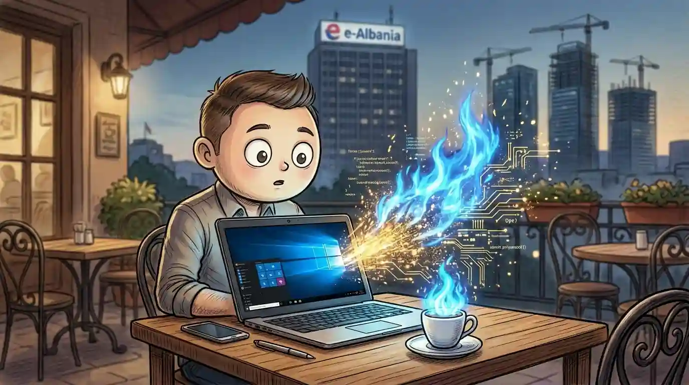 Një ilustrim i stilit karikaturë satirike i një personazhi që zotëron zjarrin digjital në një kafene