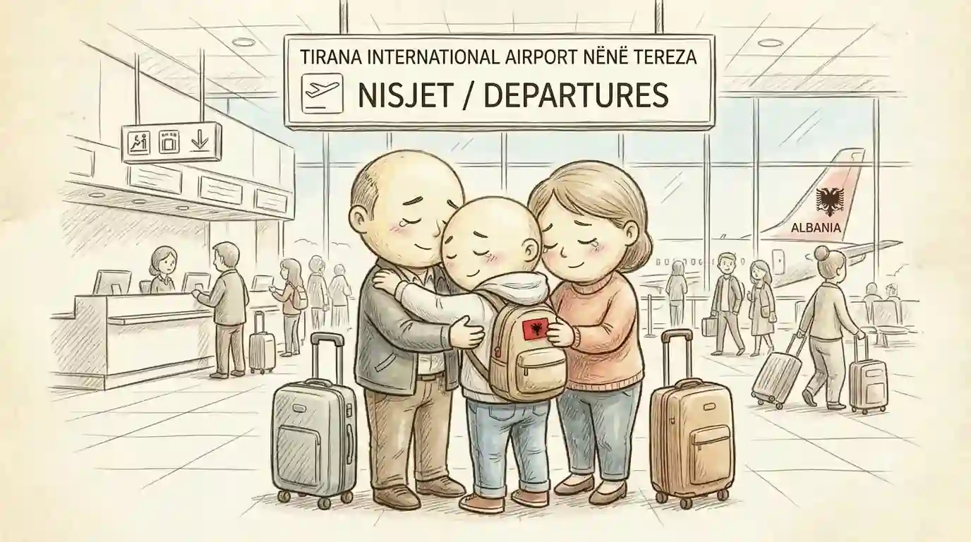 Një nënë dhe një baba duke përqafuar ngrohtësisht djalin e tyre në aeroport përpara nisjes