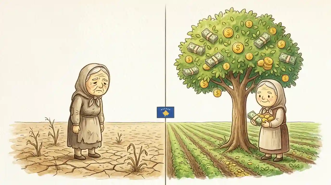 Pamje konceptuale e ndarjes së ekranit që tregon një tokë djerrë në njërën anë dhe një pemë të harlisur me monedha ari dhe kartëmonedha si fruta në anën tjetër, me flamurin e Kosovës në qendër të sfondit.
