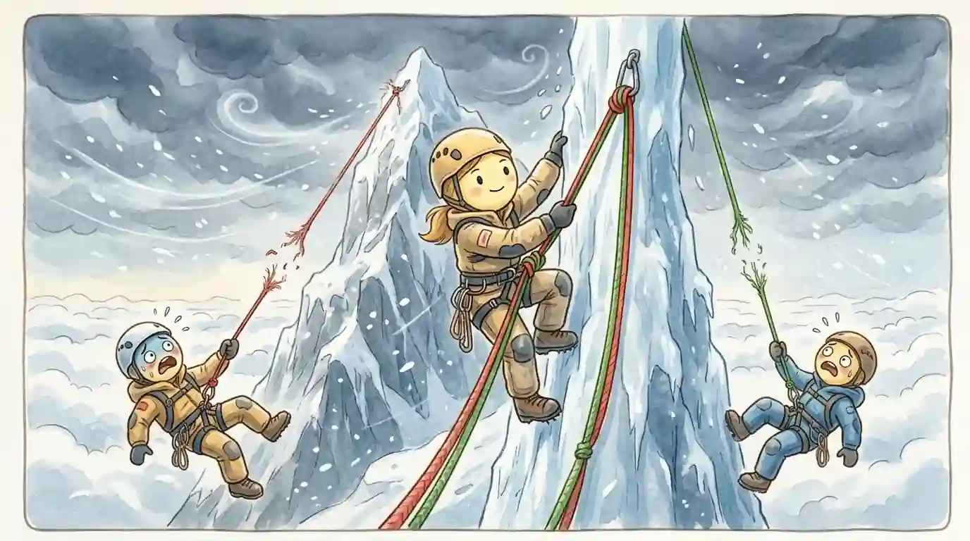 Ilustrim i alpinistëve në një mal të siguruar nga një litar sigurie i gërshetuar me ngjyrë të kuqe dhe të gjelbër