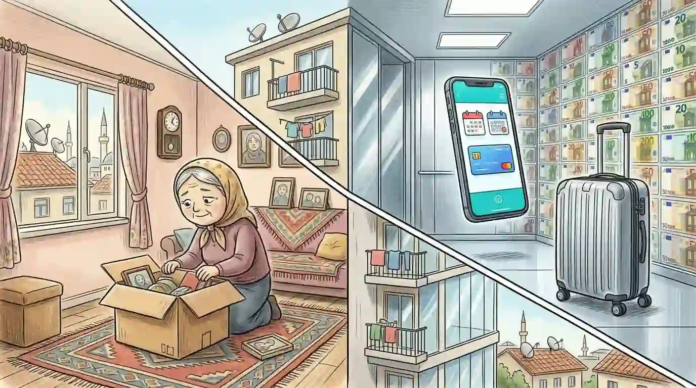 Një pamje konceptuale e çelësafe me një ikonë shtëpie dixhitale mbi një sfond të turbullt të kullave rezidenciale në Tiranë